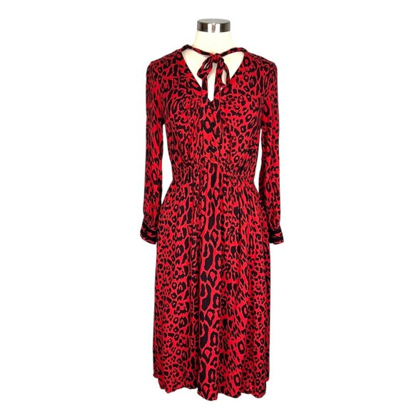 Zara Womens Red Leopard Print Midi Dress Tie Neck Long Sleeves size Medium - Picture 4 of 16